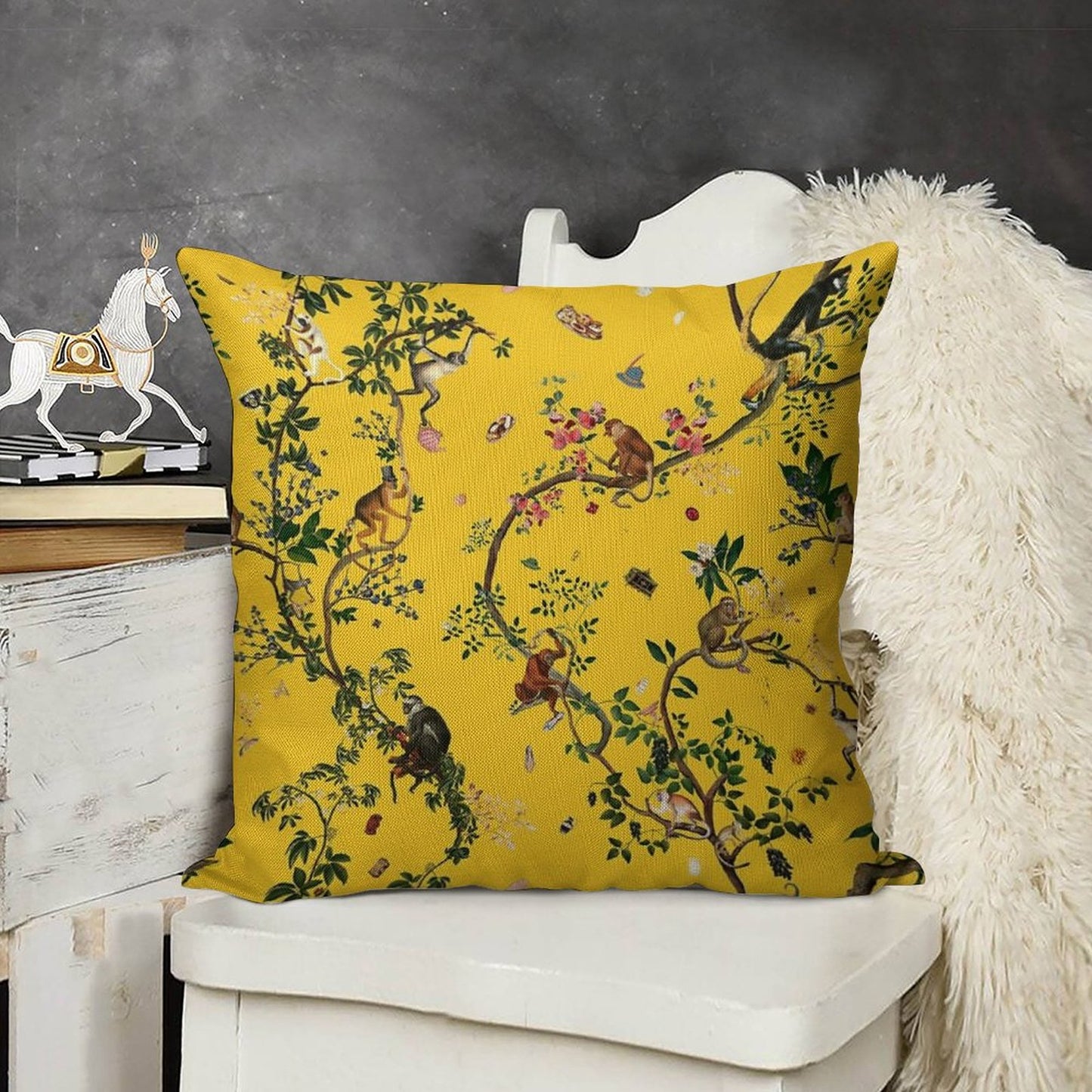 Monkey World Yellow Linen Throw Pillow Cover