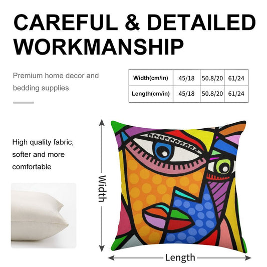 Funky Abstract Style Art Face with Dots And Stripes Linen Throw Pillow Cover