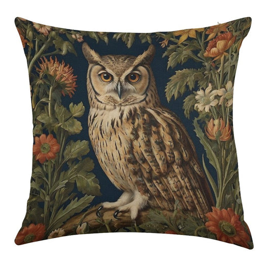 Vintage Forest Owl William Morris Style Linen Throw Pillow Cover