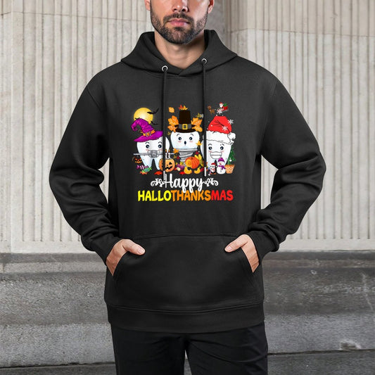 Dental Halloween Thanksgiving Christmas Happy HalloThanksmas Shrink-Resistant Hoodie