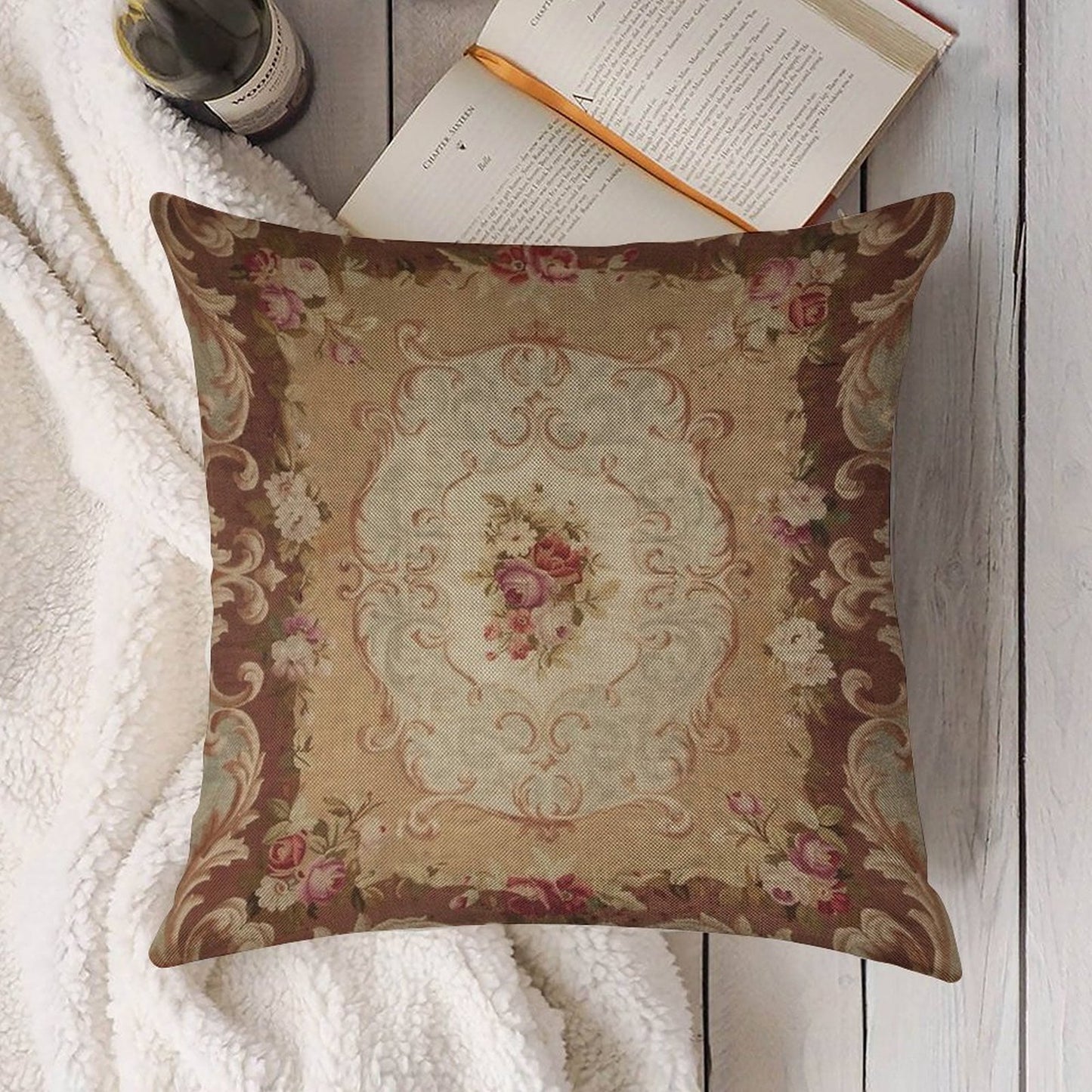 Antique Rose Floral French Aubusson Rug Print Linen Throw Pillow Cover