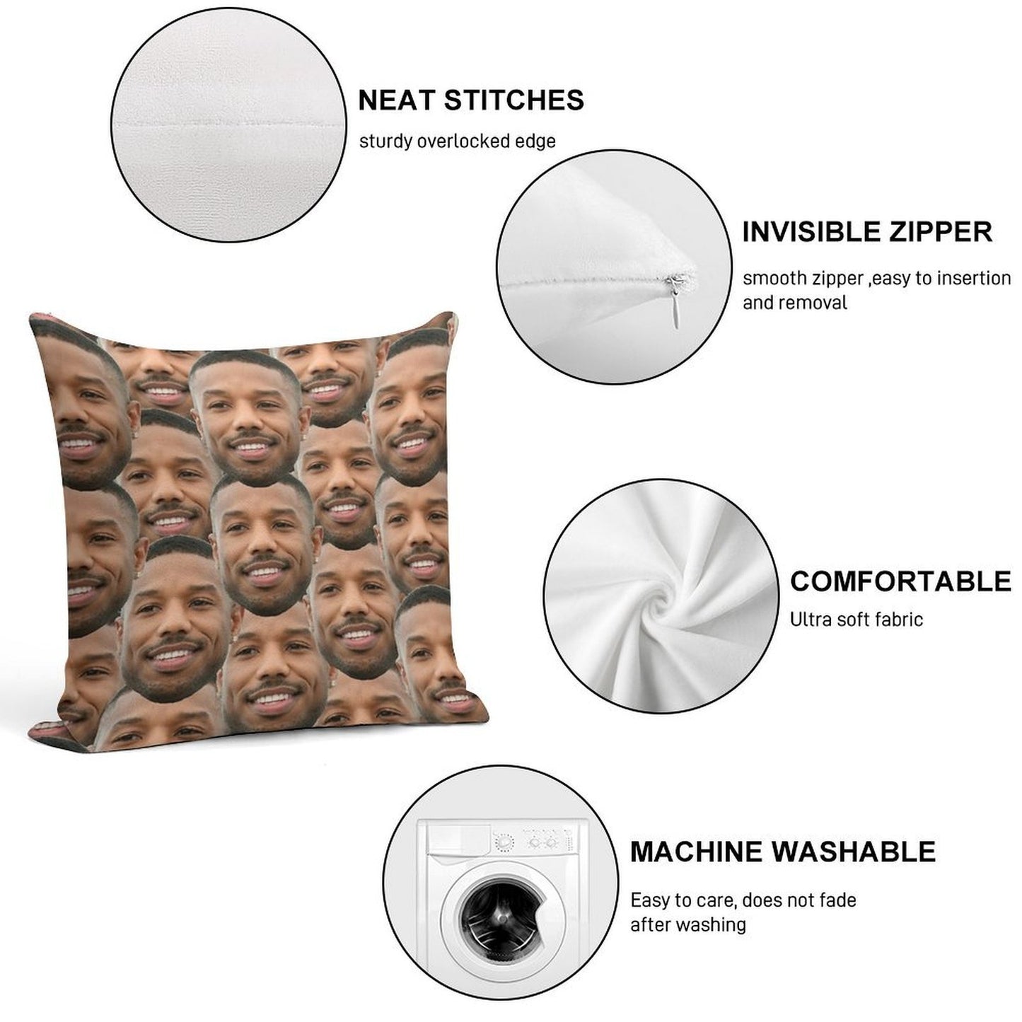 Michael B Jordan Heads Soft Short Plush Fabric Throw Pillow