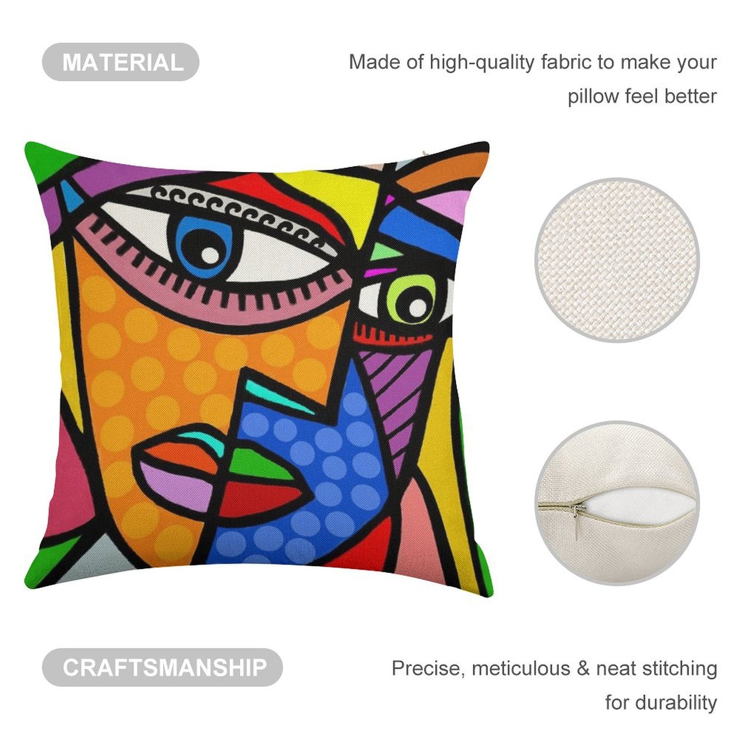 Funky Abstract Style Art Face with Dots And Stripes Linen Throw Pillow Cover