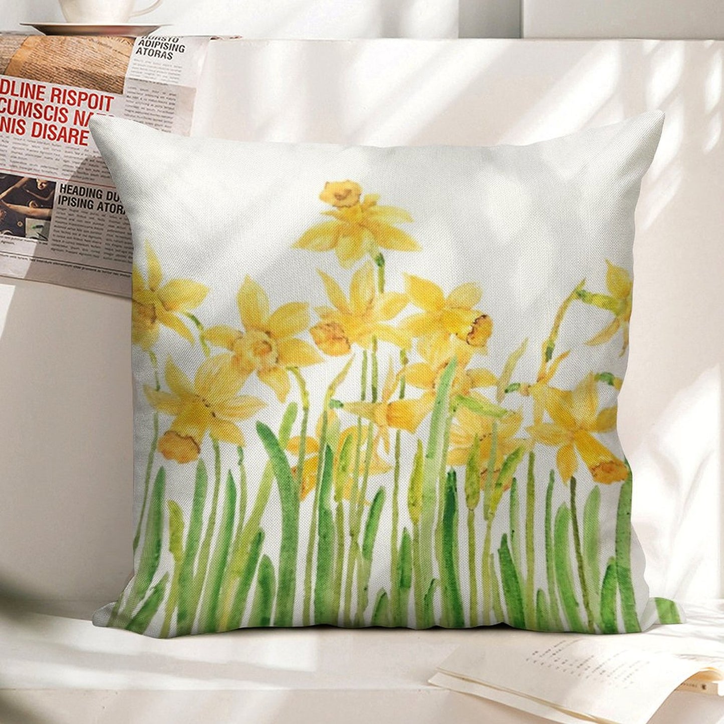 Hand Painted Yellow Daffodils Field Watercolor Linen Throw Pillow Cover