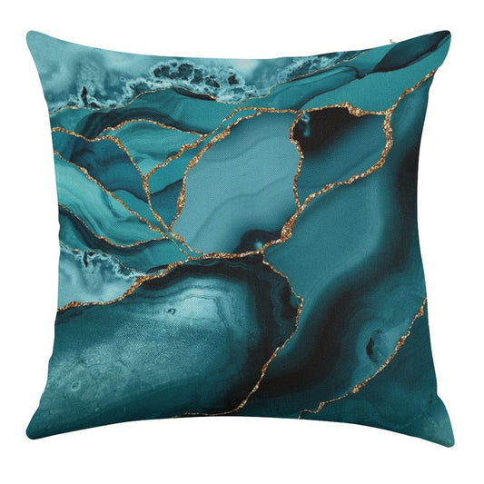 Teal And Gold Faux Marble Landscape Waves Linen Throw Pillow Cover