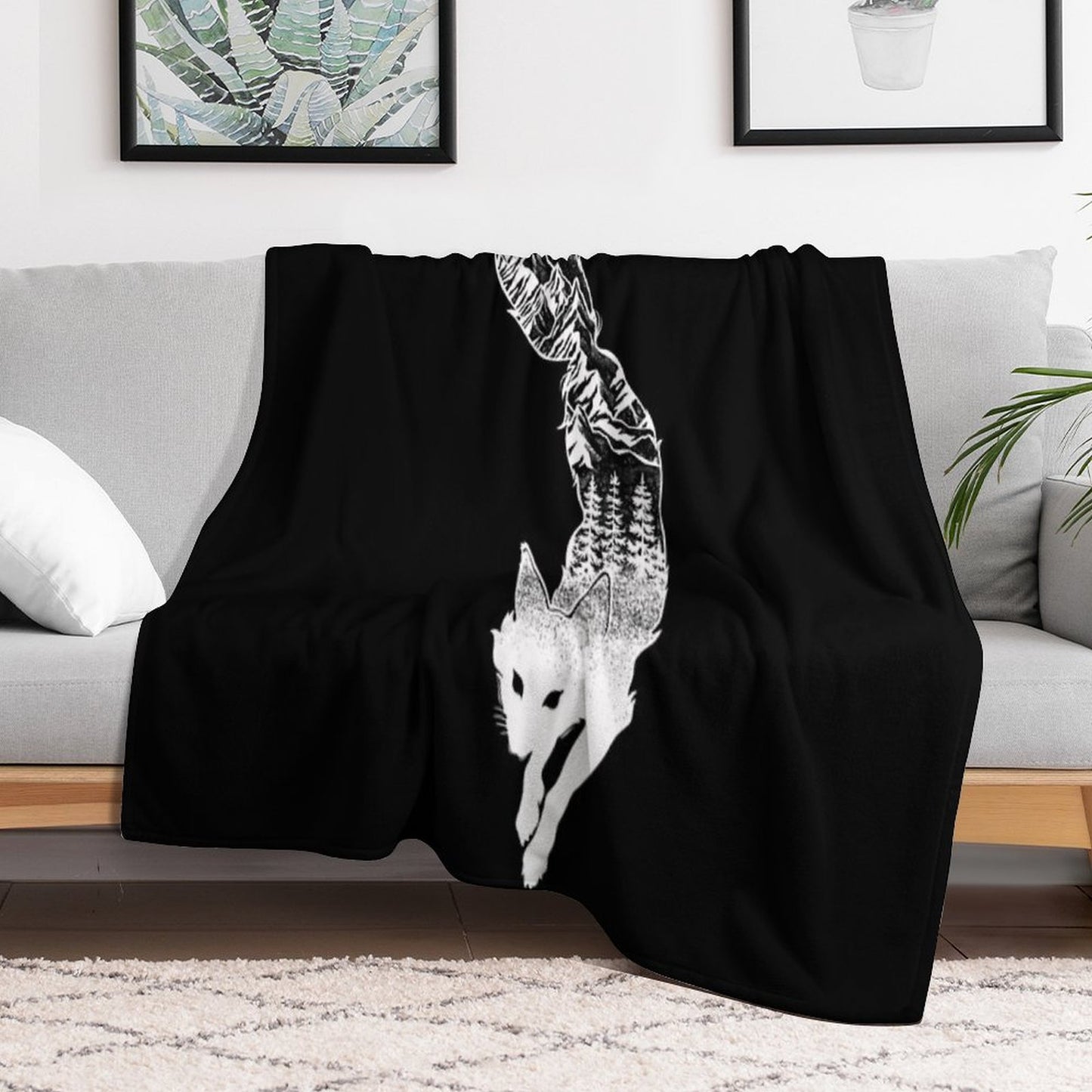 Fox Silhouette with Mountains, Trees & Moon T-Shirt Throw Blanket