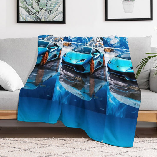 Blue Lamborghini Huracan, Icy Majesty Supercar, Sports Car On Snowy Alpine Backdrop, High Octane Wall Art Throw Blanket