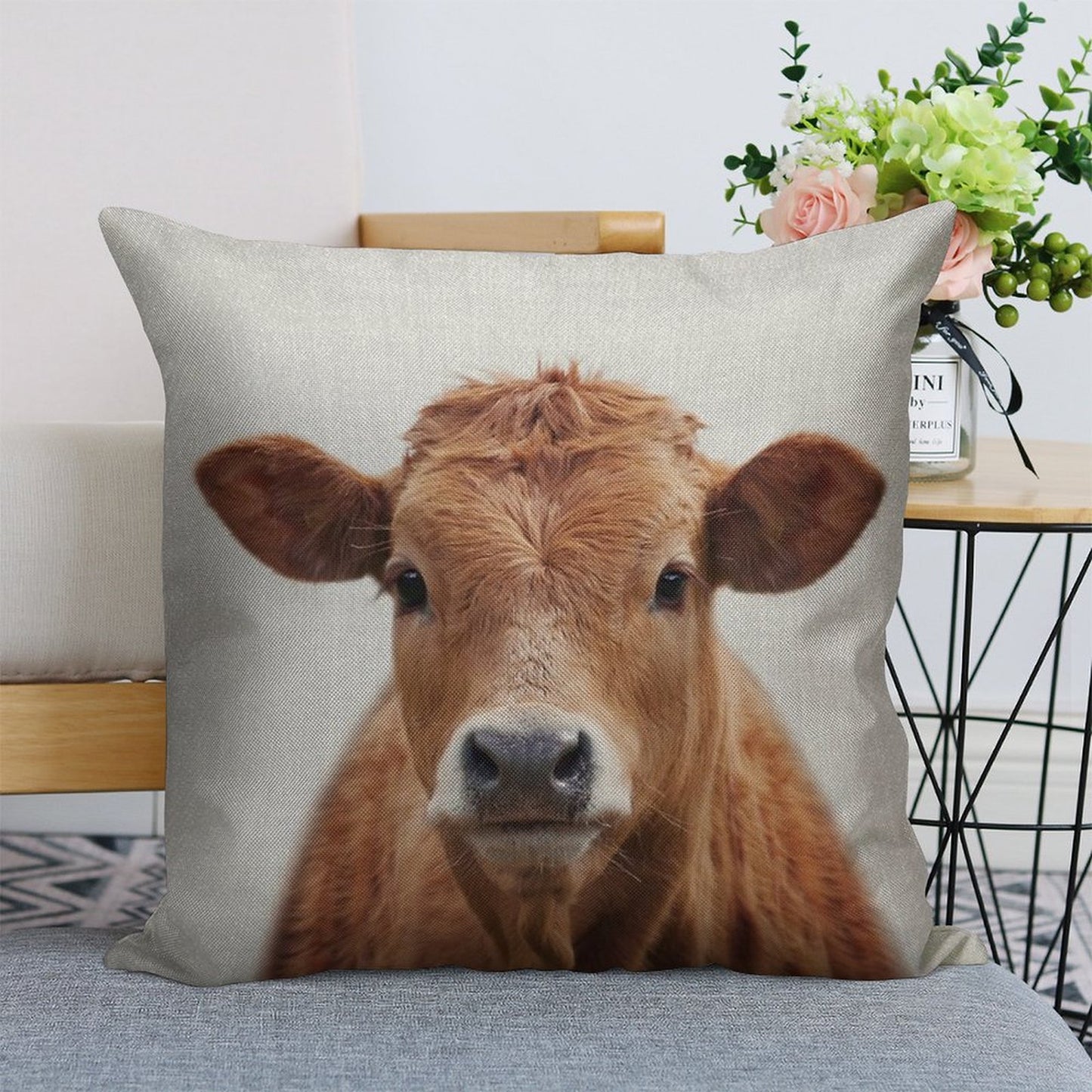 Cow - Colorful Linen Throw Pillow Cover