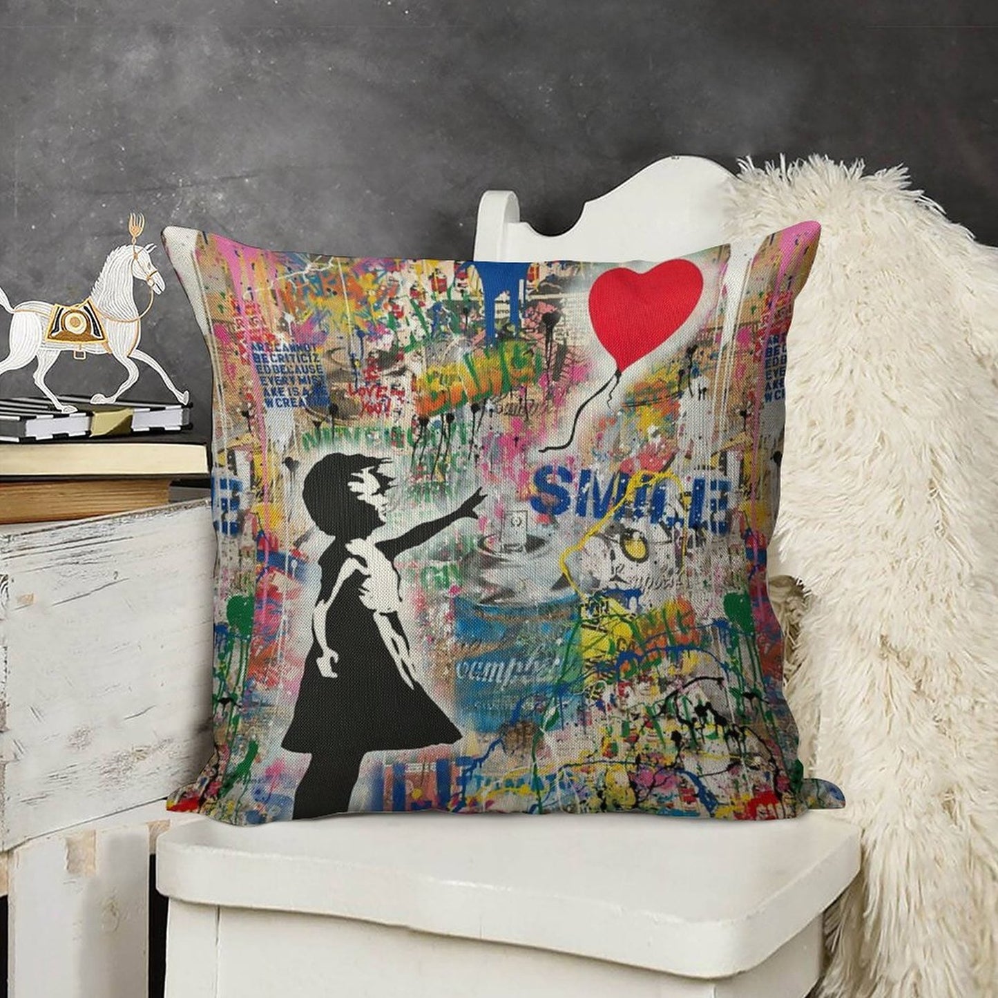 Balloon Girl Street Art Mashup Linen Throw Pillow Cover