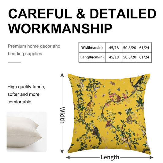 Monkey World Yellow Linen Throw Pillow Cover