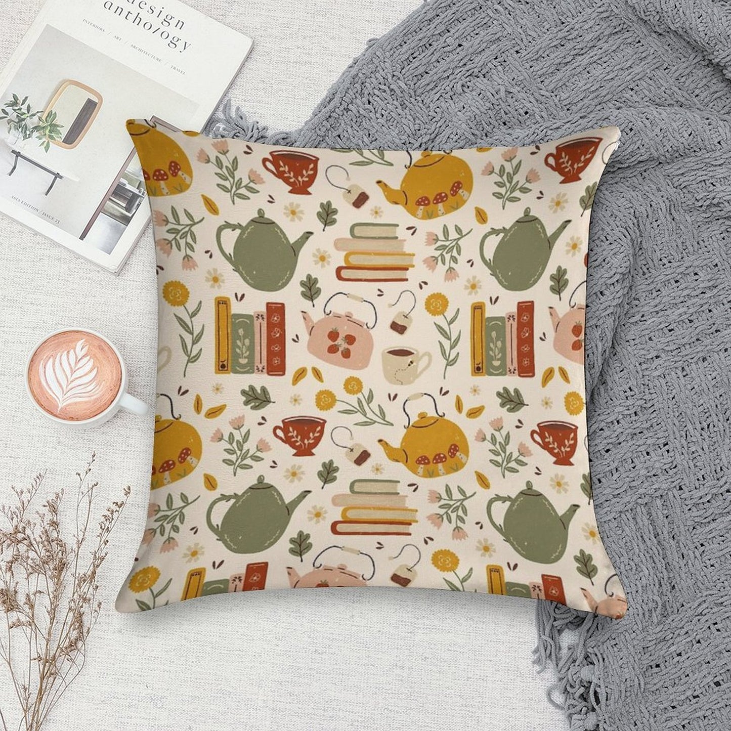 Flowery Books And Tea Soft Bedroom Essential Throw Pillow