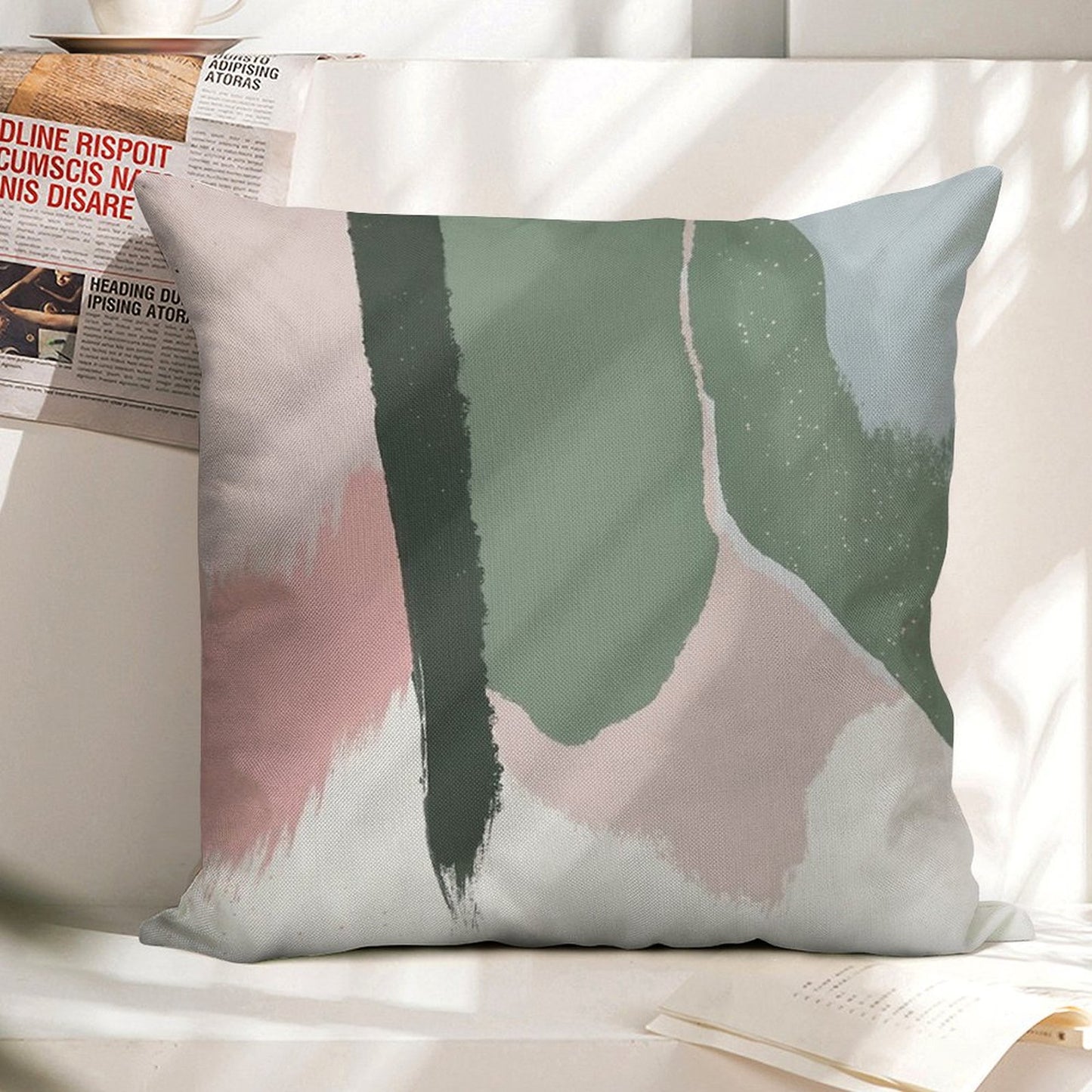 Abstract Art Paint Brush Strokes in Blush Pink & Sage Green Linen Throw Pillow Cover
