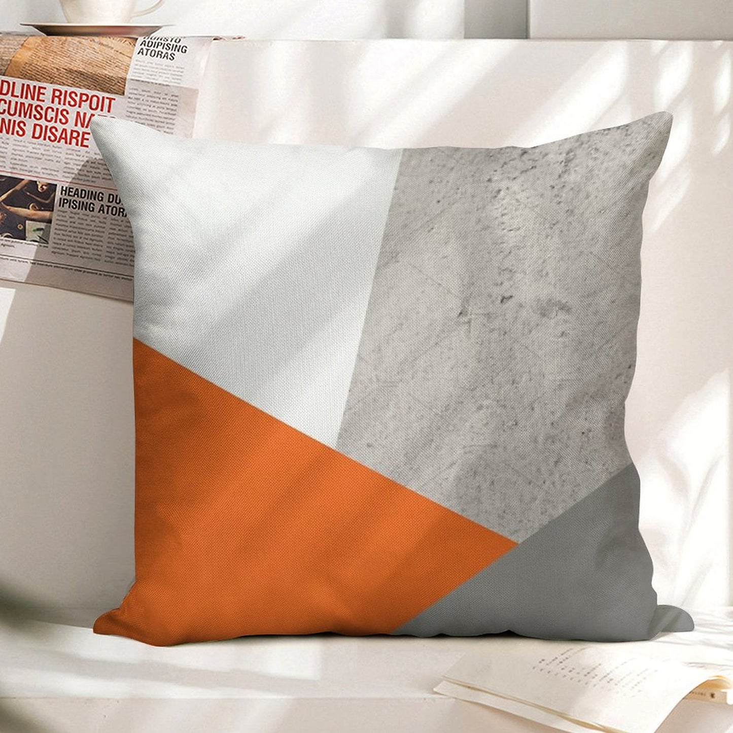 Grey Orange And Concrete Color Block Linen Throw Pillow Cover