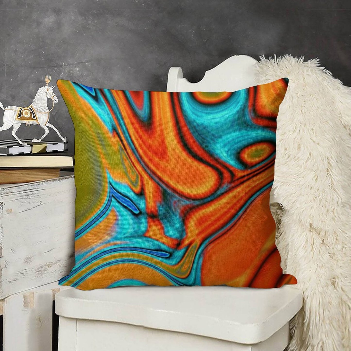 Vivid Modern Southwest Hipster Turquoise Orange Swirls Linen Throw Pillow Cover