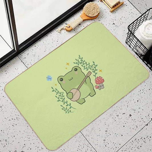 Kawaii Frog Playing Banjo Toad Cottagecore Aesthetic Mushroom And Blue Butterfly Bath Mat