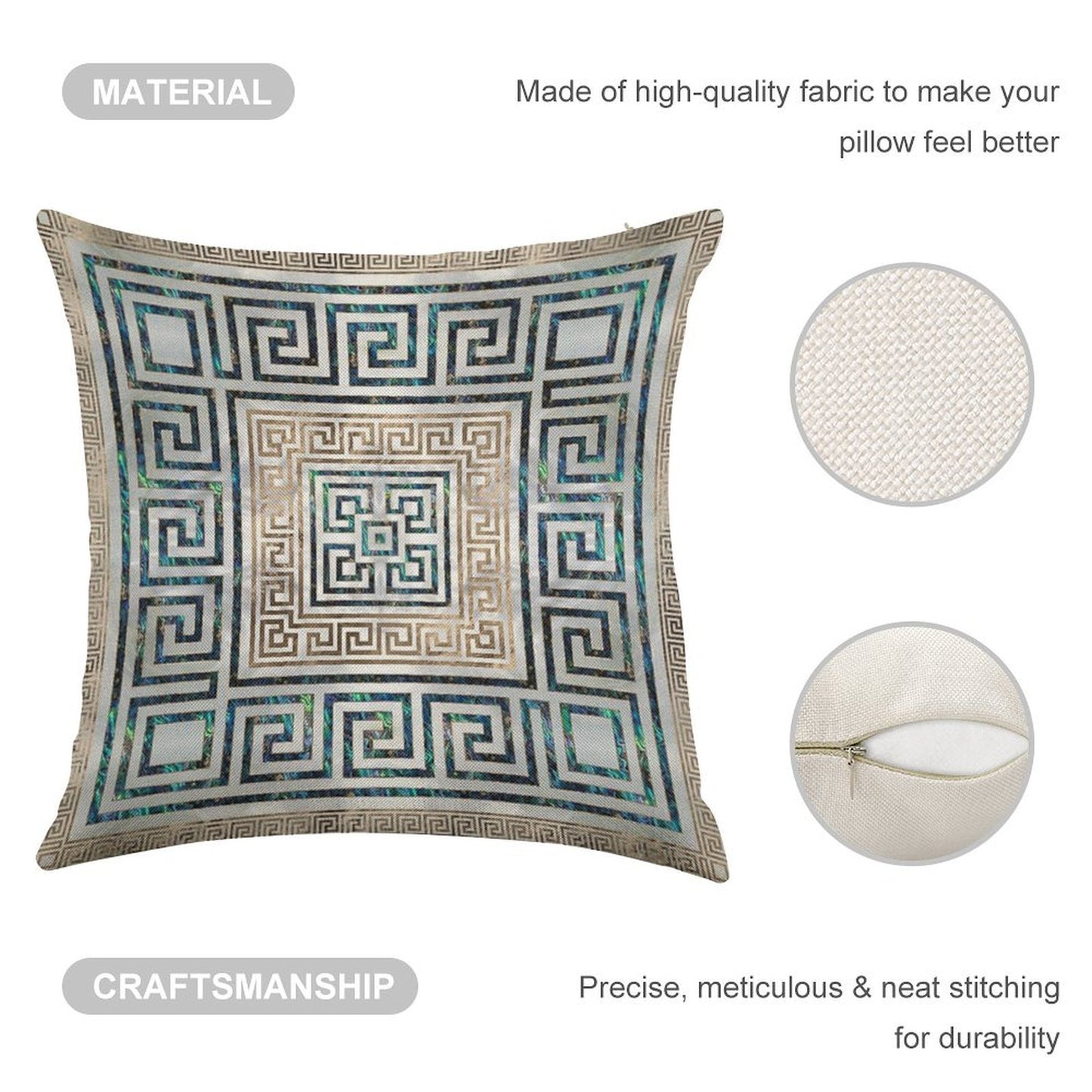 Greek Key Ornament - Greek Meander -Abalone And Gold Linen Throw Pillow Cover