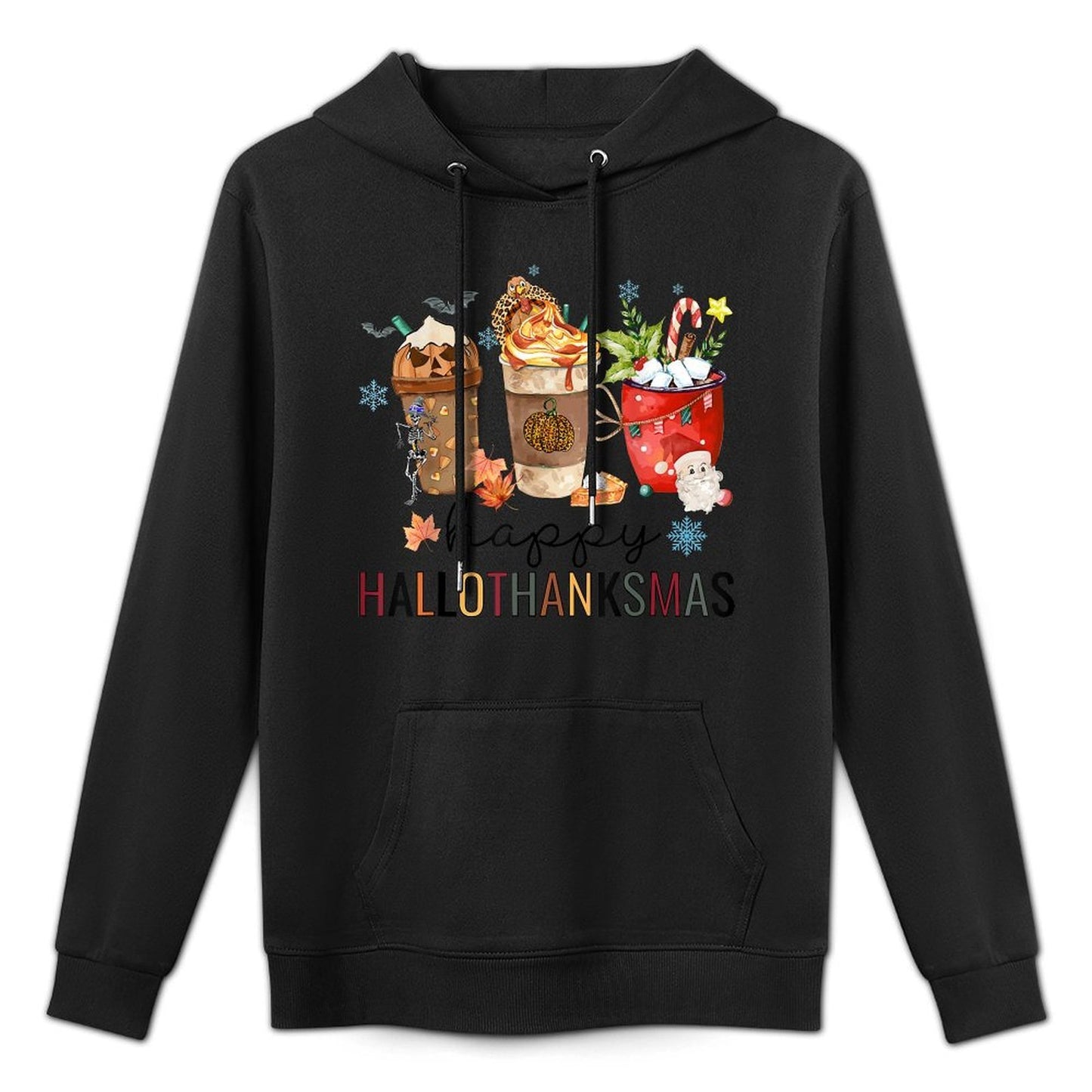Happy Hallothanksmas Coffee Halloween Thanksgiving Christmas Medium-Weight Fabric Hoodie