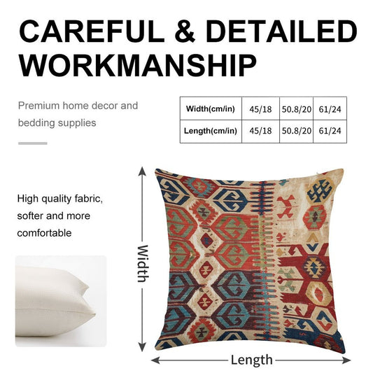 Aksaray Tribal  Antique Turkish Kilim Print Linen Throw Pillow Cover