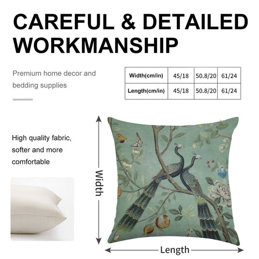 A Teal of Two Birds Chinoiserie Linen Throw Pillow Cover