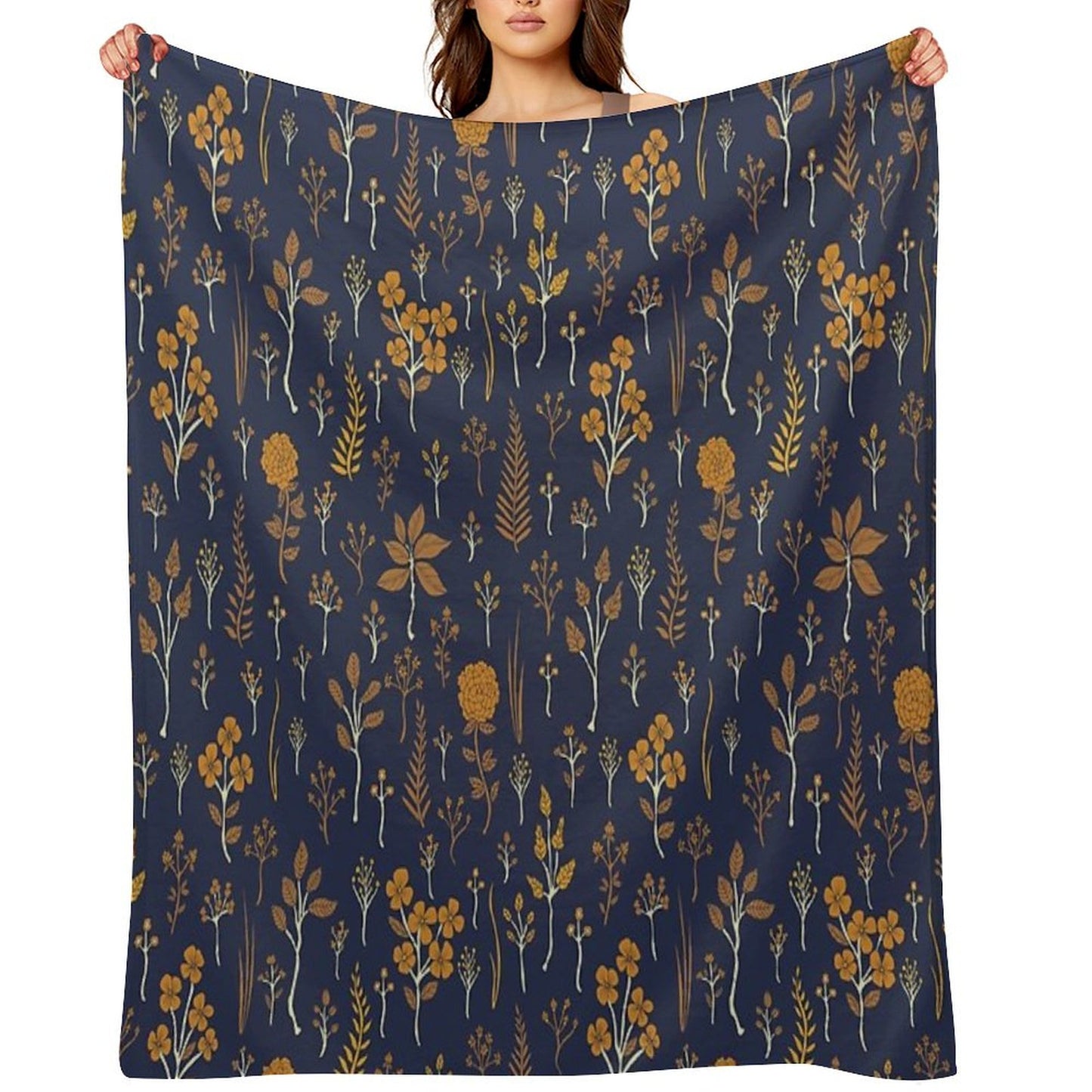 Navy Blue & Mustard Yellow Floral Pattern Throw Blanket