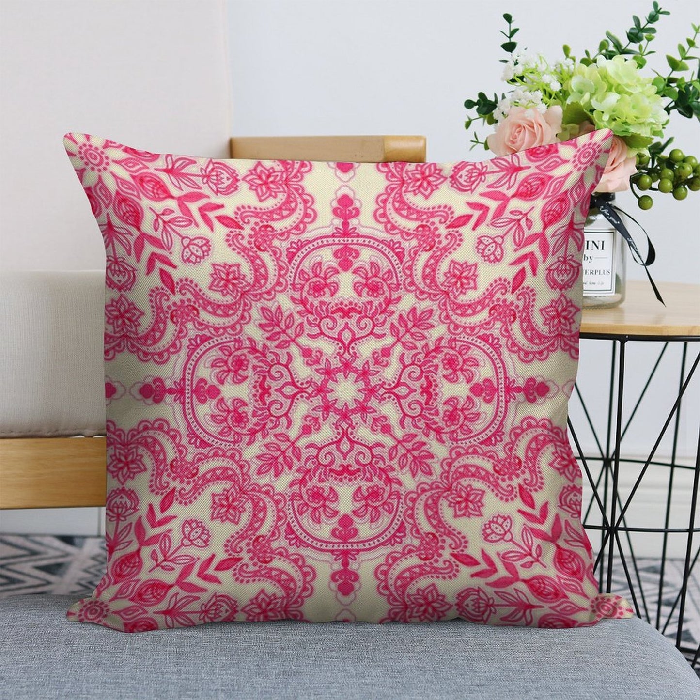 Hot Pink & Soft Cream Folk Art Pattern Linen Throw Pillow Cover