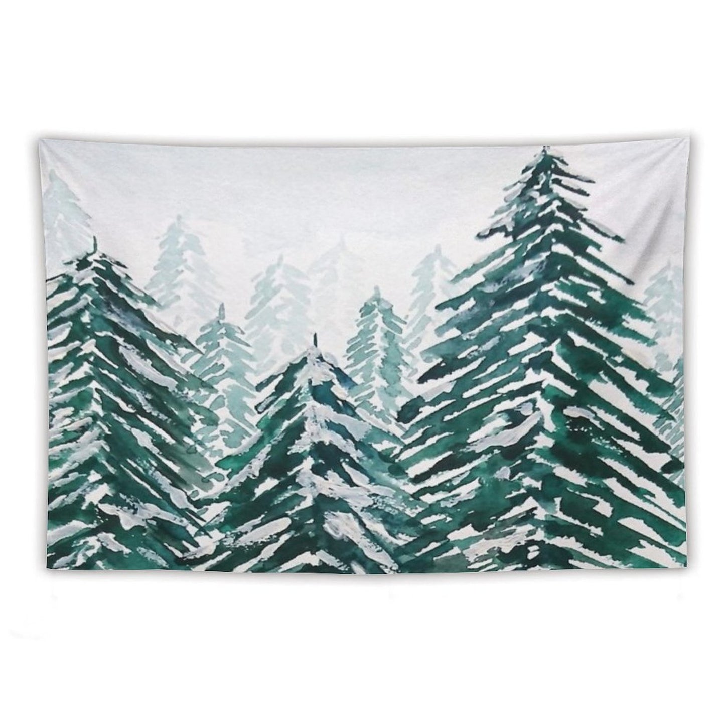 Hand Painted Snowy Pine Forest Green Tapestry