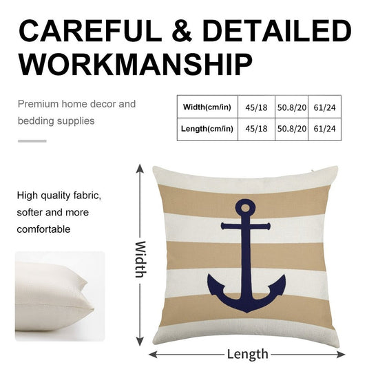 Nautical Navy Blue Anchor On Tropical Tan Stripes Linen Throw Pillow Cover