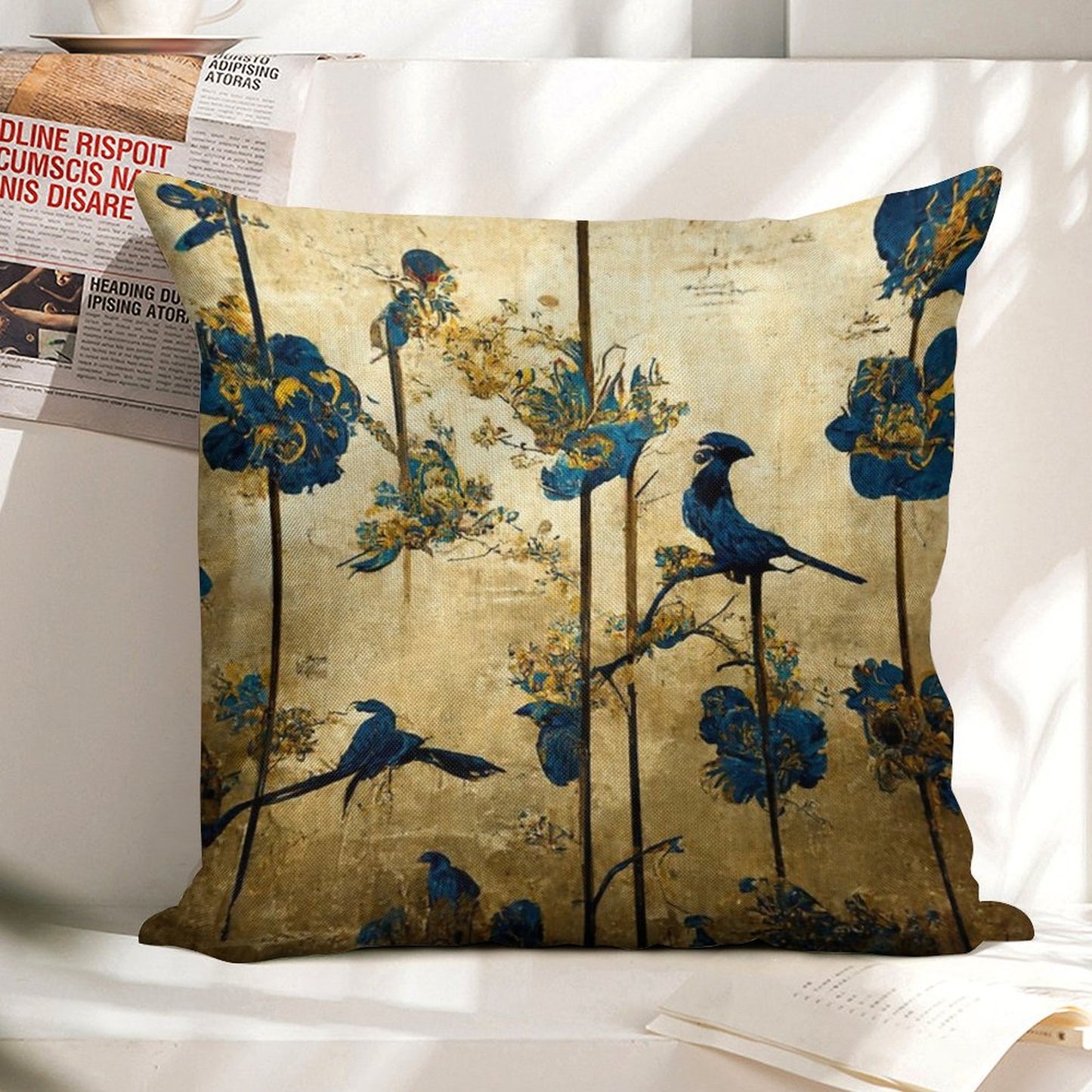 Blue And Gold Chinoiserie Painting with Birds And Flowers Linen Throw Pillow Cover