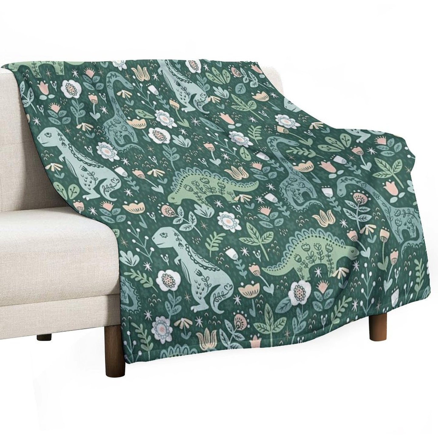 Folk Floral Dinosaur Throw Blanket