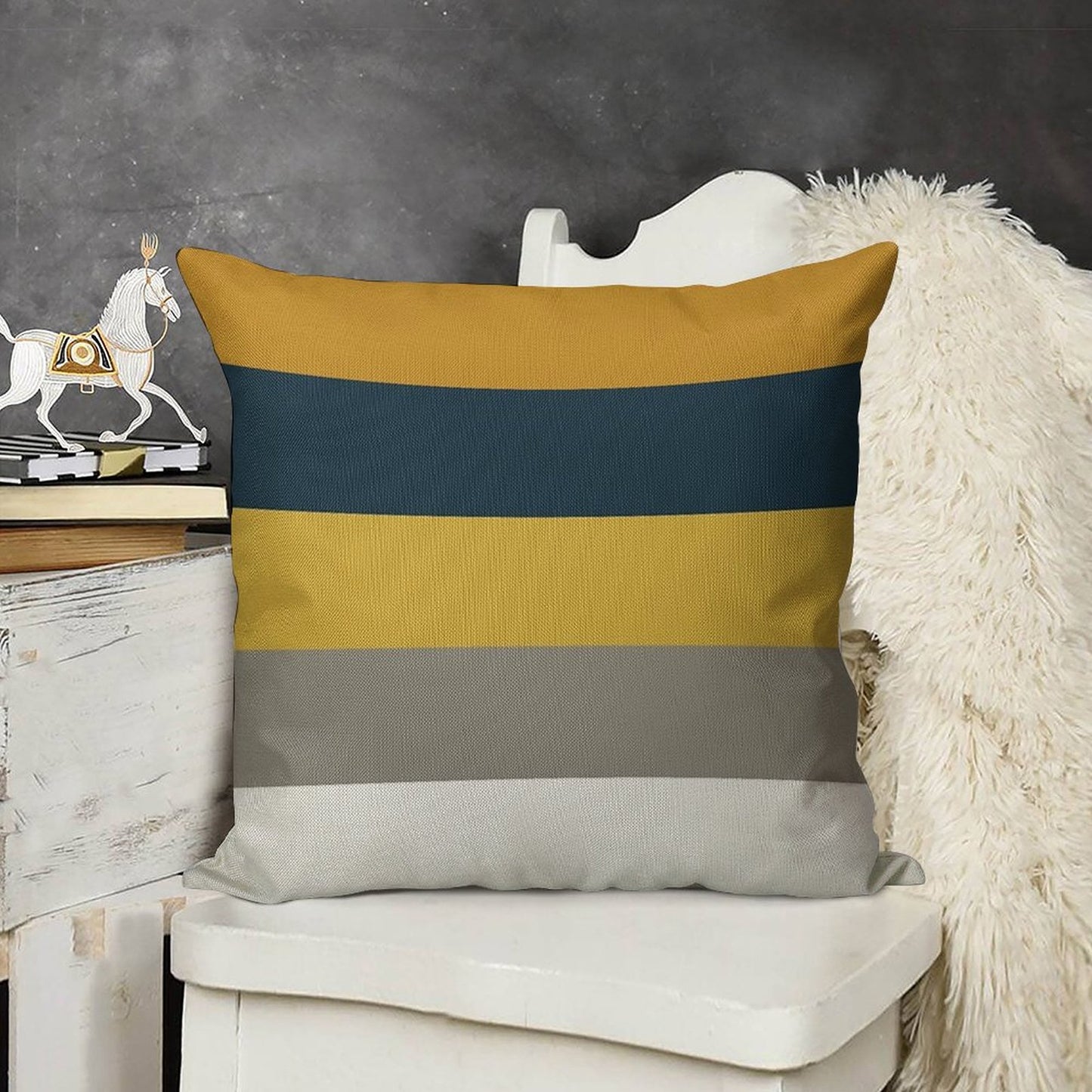 Broad Stripes Pattern in Light And Dark Mustard Yellow, Grey, White, And Navy Blue Linen Throw Pillow Cover