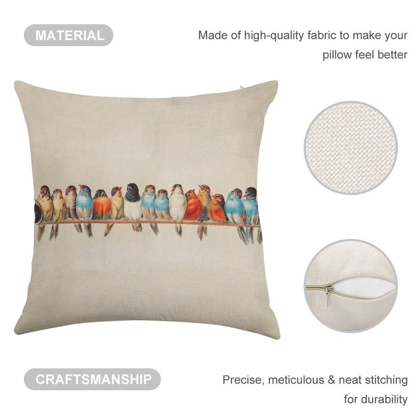 Vintage Birds Linen Throw Pillow Cover