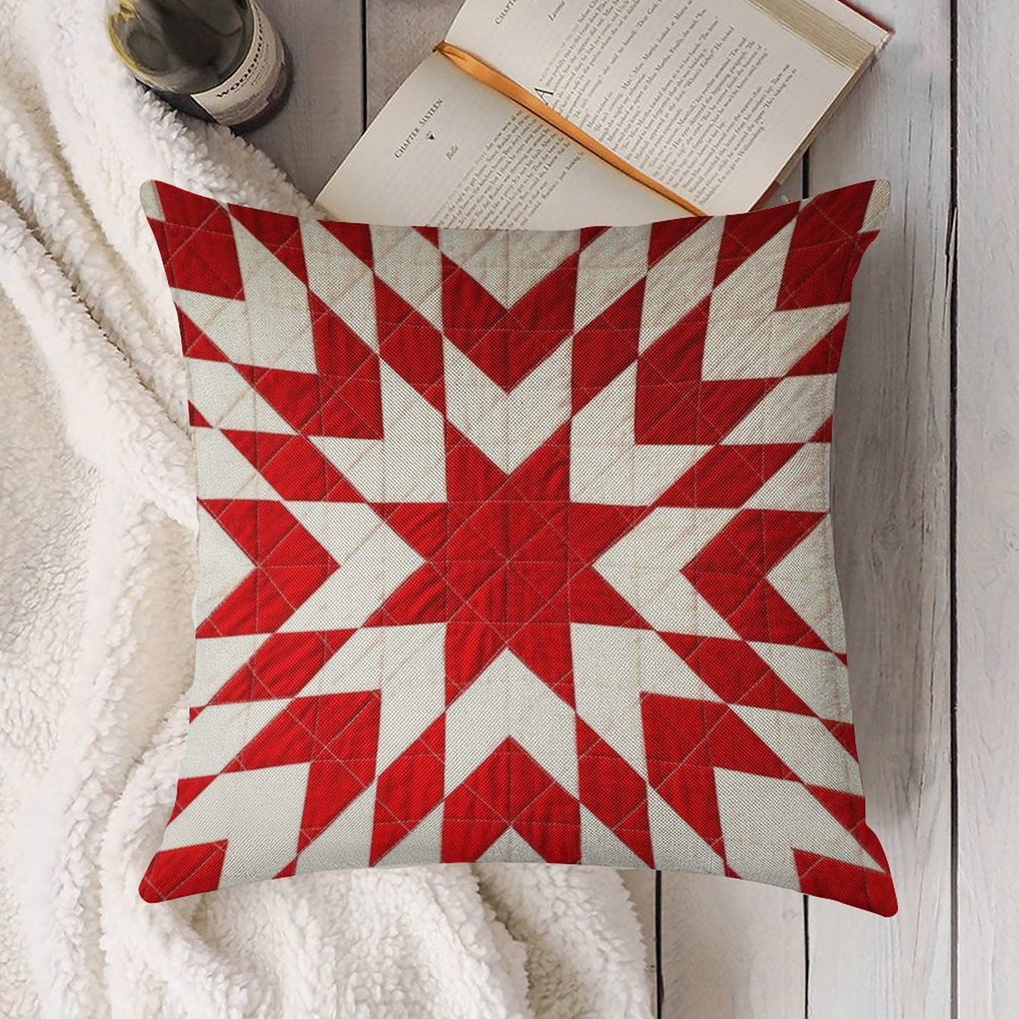 Red And White Lone Star Quilt Linen Throw Pillow Cover