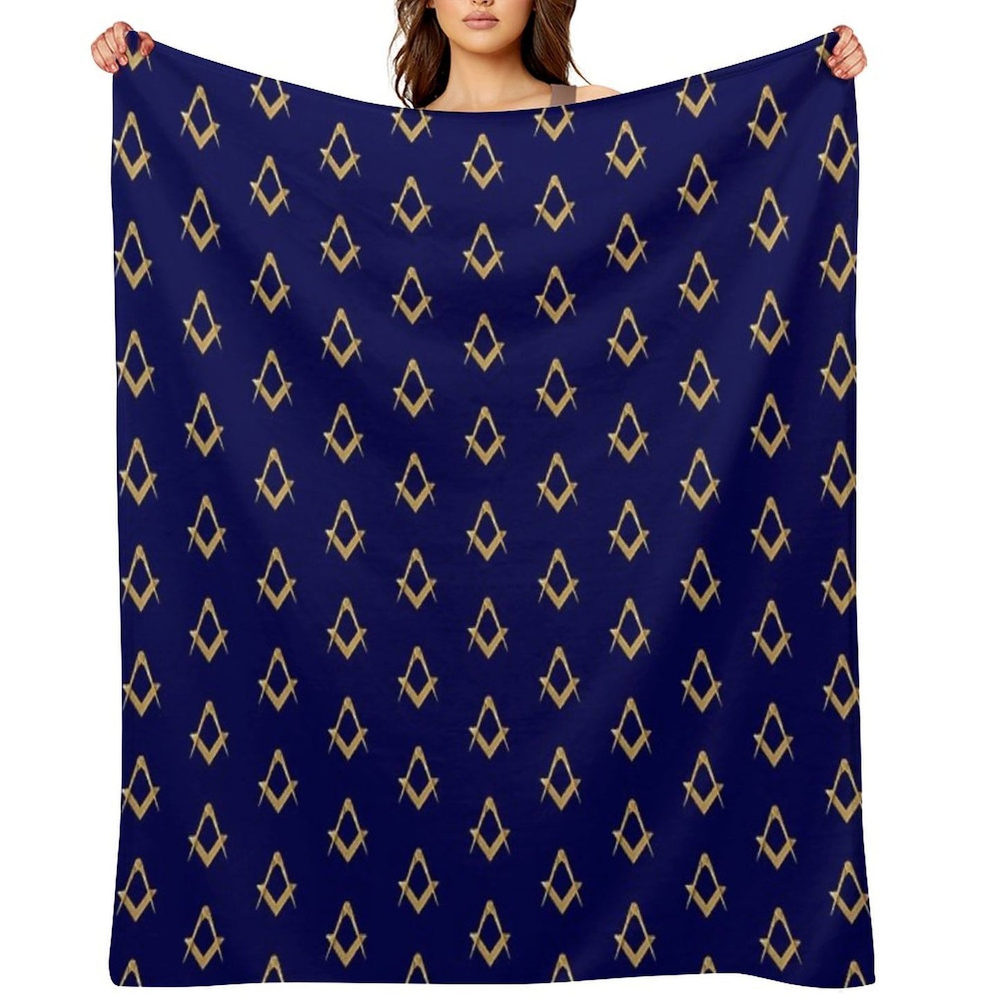 Freemason Pattern Gold Blue Square & Compass Masonic Throw Blanket