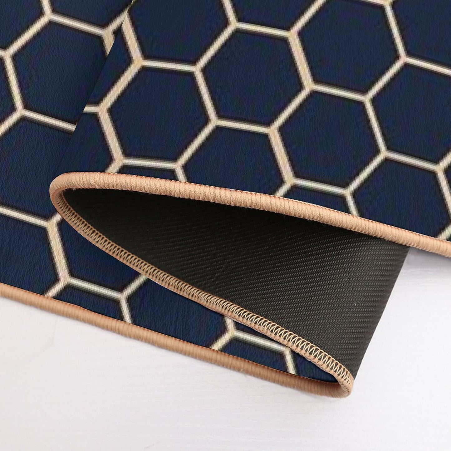 Geometric Light Yellow And Dark Blue Honeycomb Pattern Bath Mat