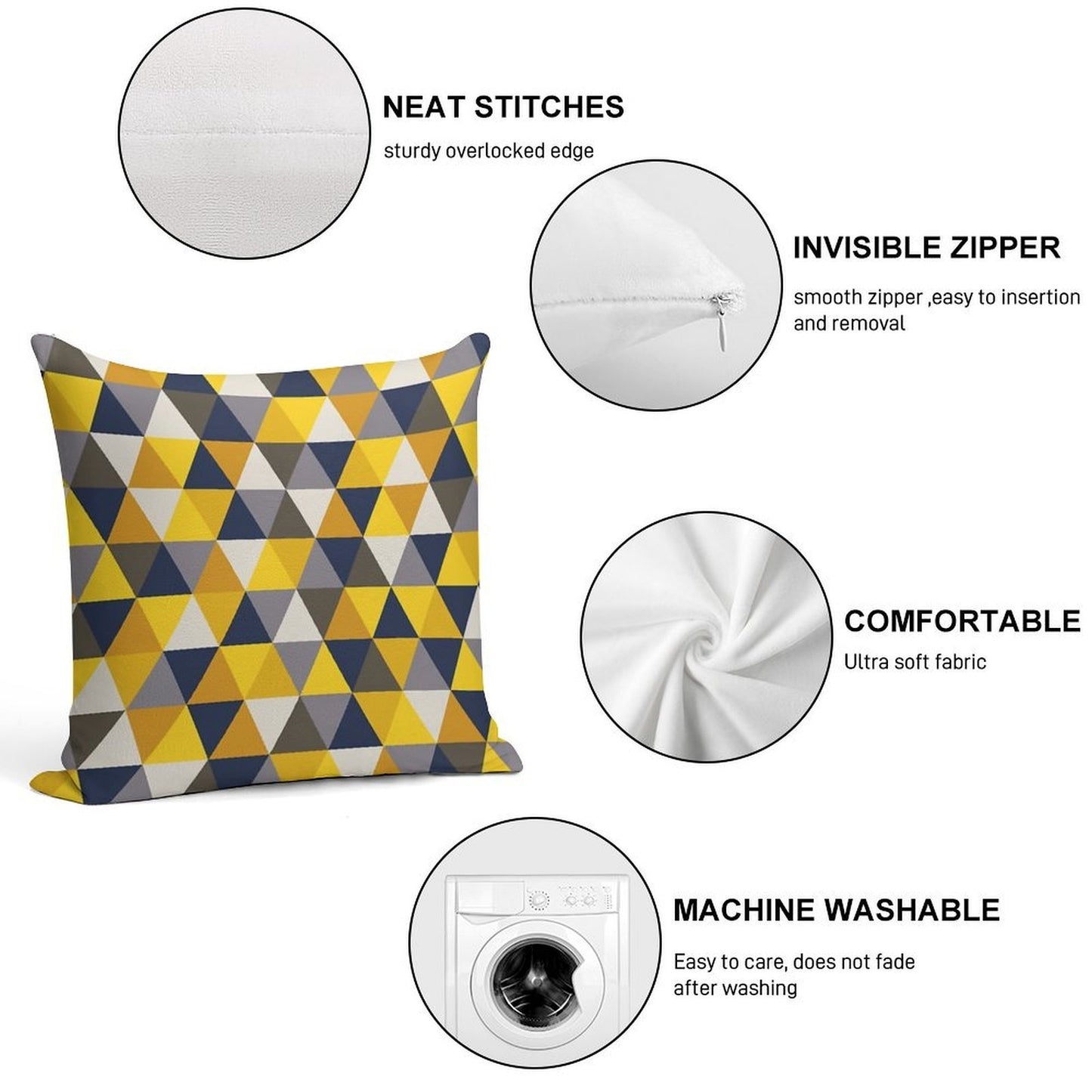 Grey, Blue And Mustard Yellow Geometric Soft Short Plush Fabric Throw Pillow