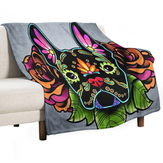 Day of The Dead French Bulldog in Black Sugar Skull Dog Throw Blanket