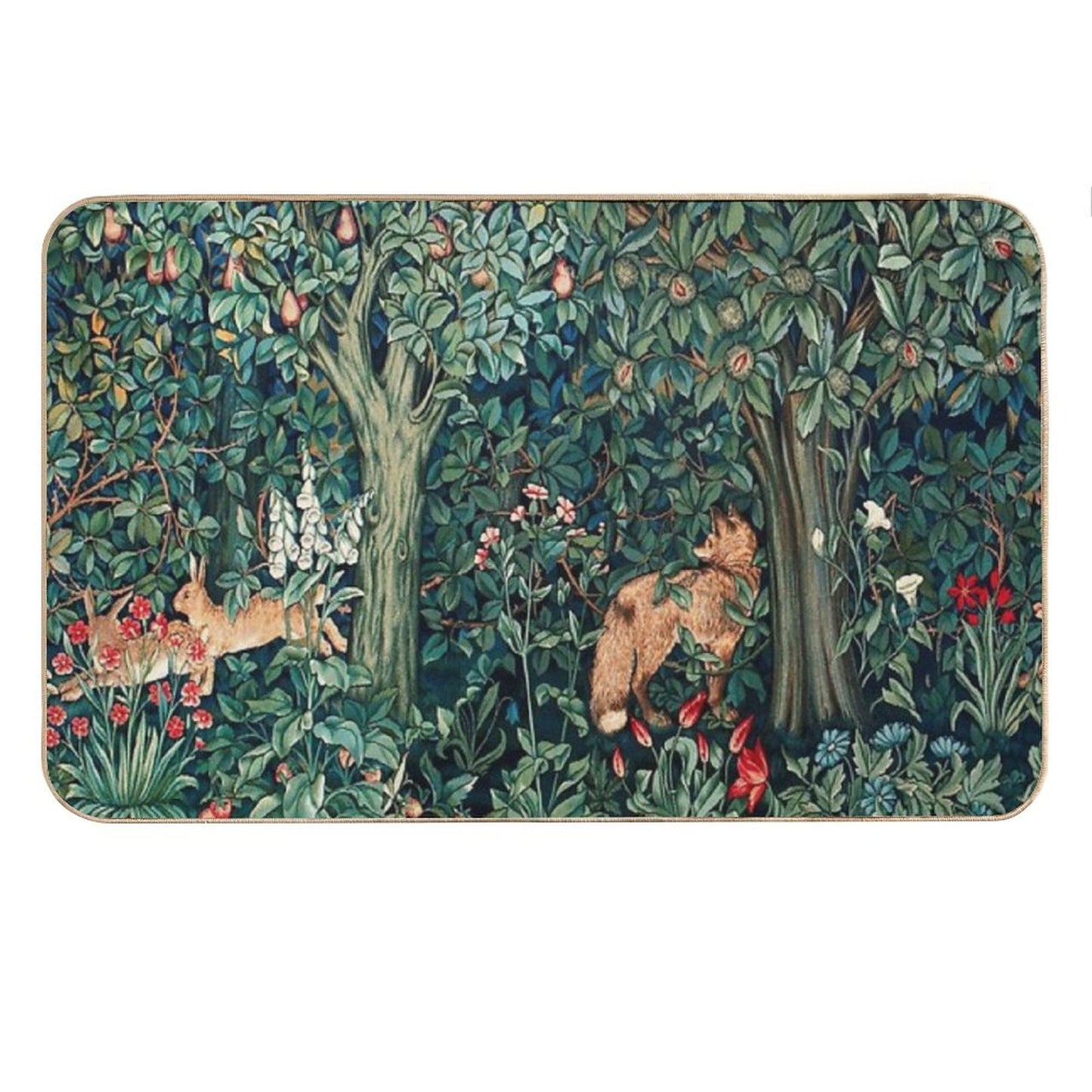 GREENERY, FOREST ANIMALS Fox And Hares Blue Green Floral Tapestry Bath Mat