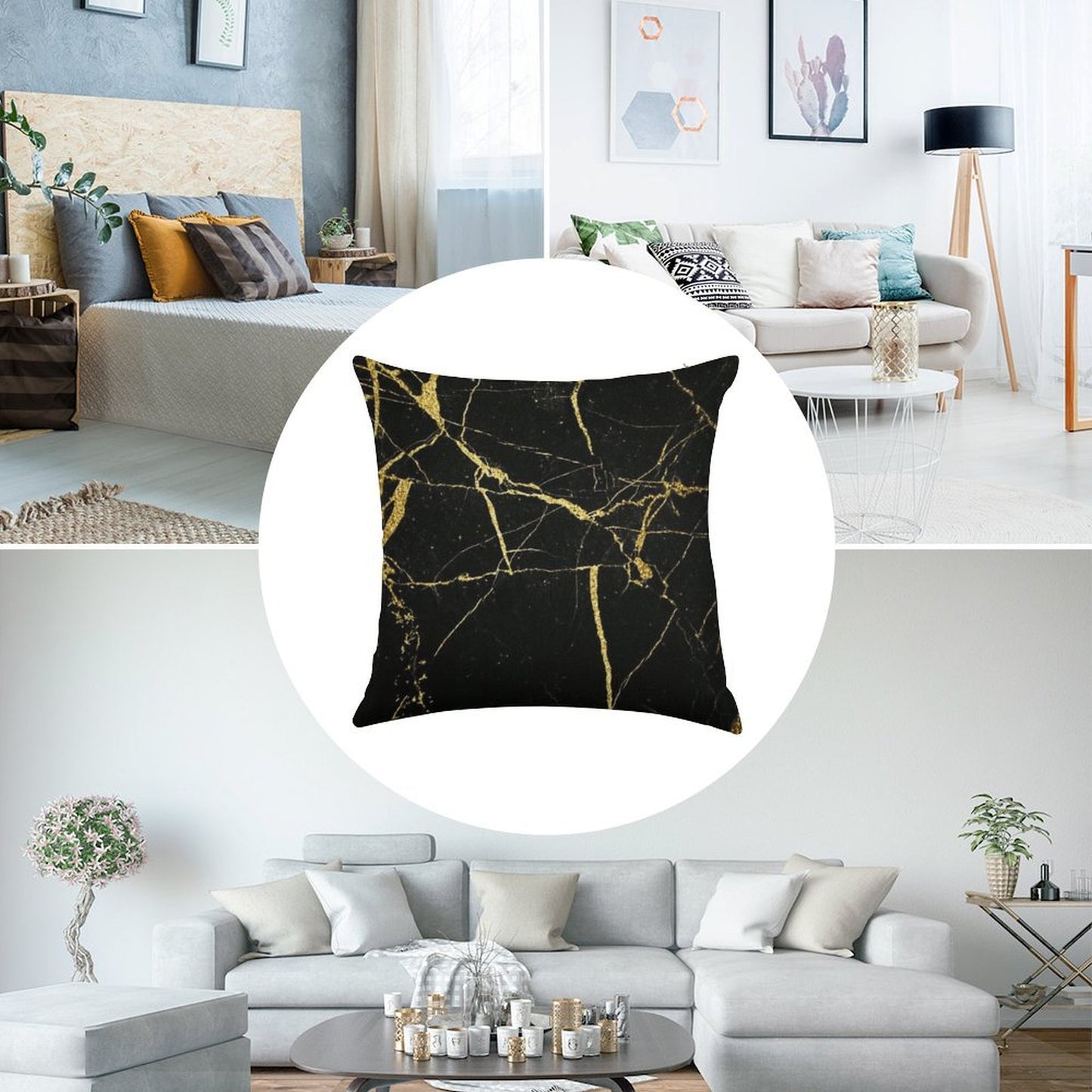 Luxe Black And Gold Marble Linen Throw Pillow Cover