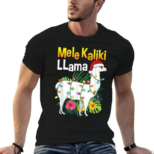 Mele Kalikimaka Christmas Hawaiian Llama X-Mas Lights Rolled Sleeves T-Shirt