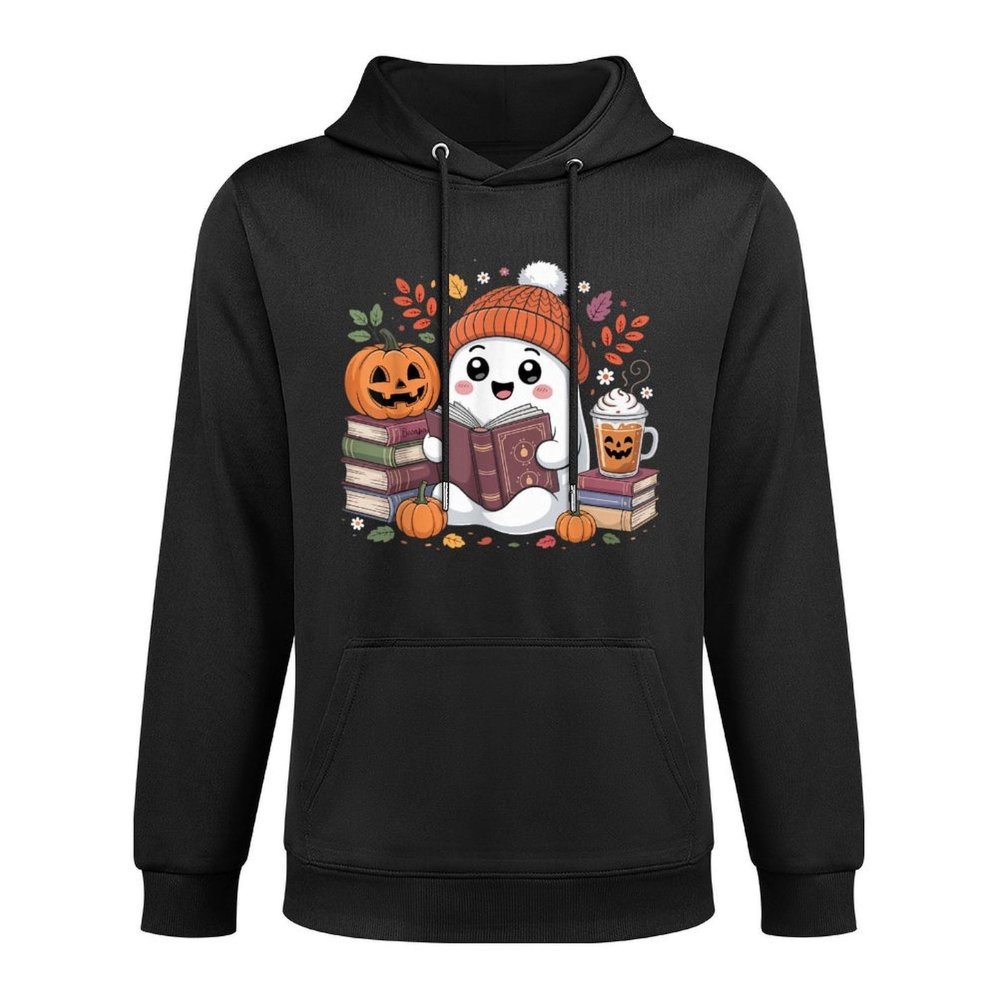 Cute Ghost Reading Book Lover Halloween Ghost Coffee Pumpkin Medium-Weight Fabric Hoodie