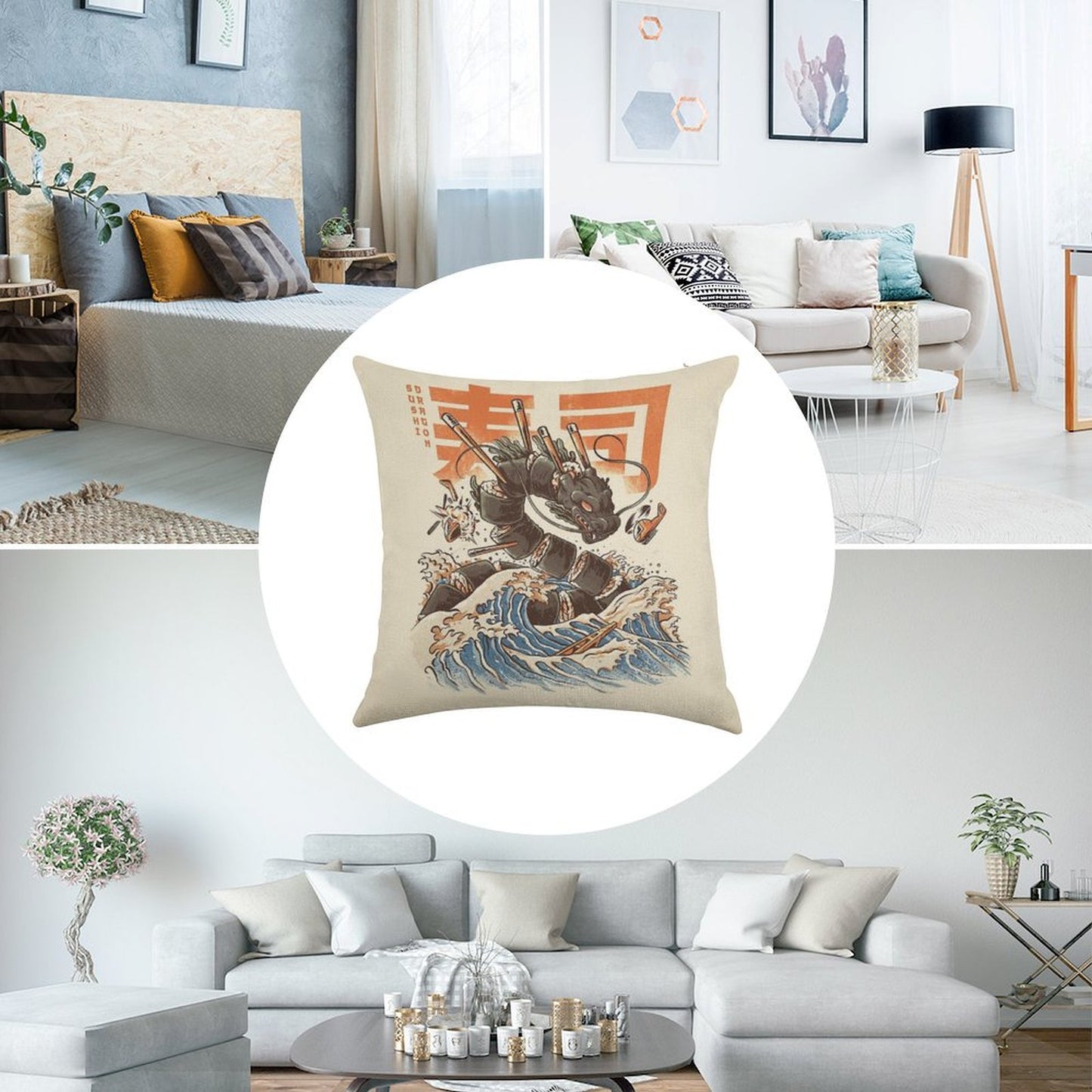 Great Sushi Dragon Linen Throw Pillow Cover