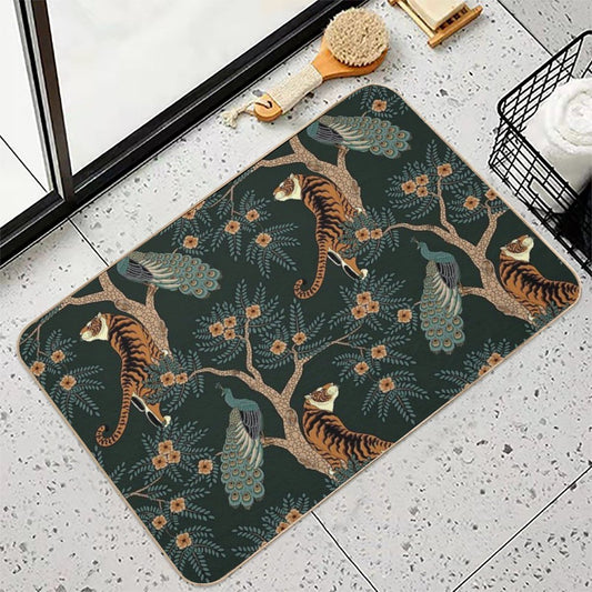 Vintage Tiger And Peacock in The Jungle Bath Mat