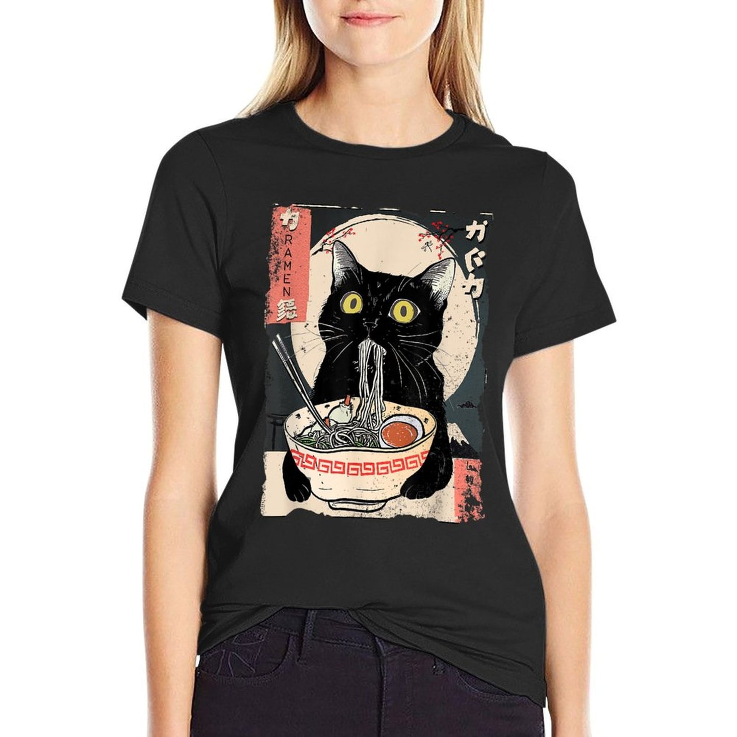 Kawaii Cat Eating Ramen Noodles Funny Anime Gift Girlsns T-Shirt