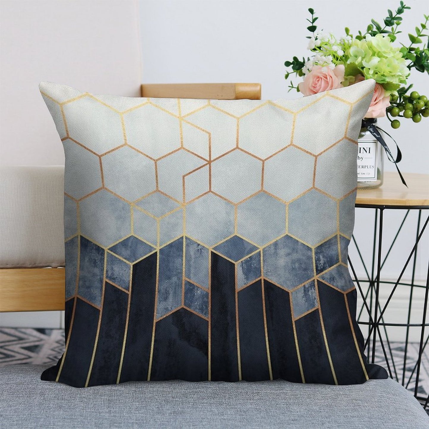 Soft Blue Hexagons Linen Throw Pillow Cover