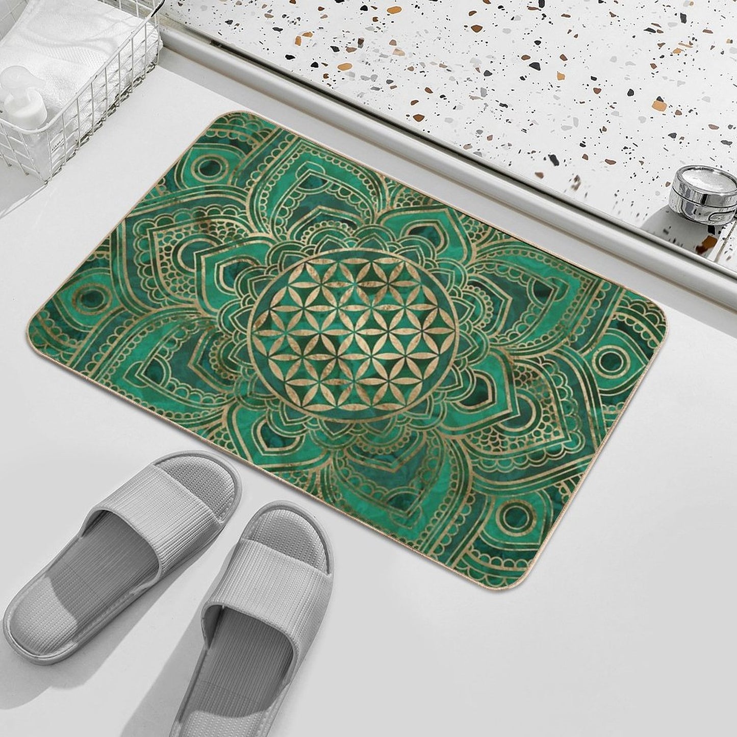 Flower of Life in Lotus - Malachite And Gold Bath Mat