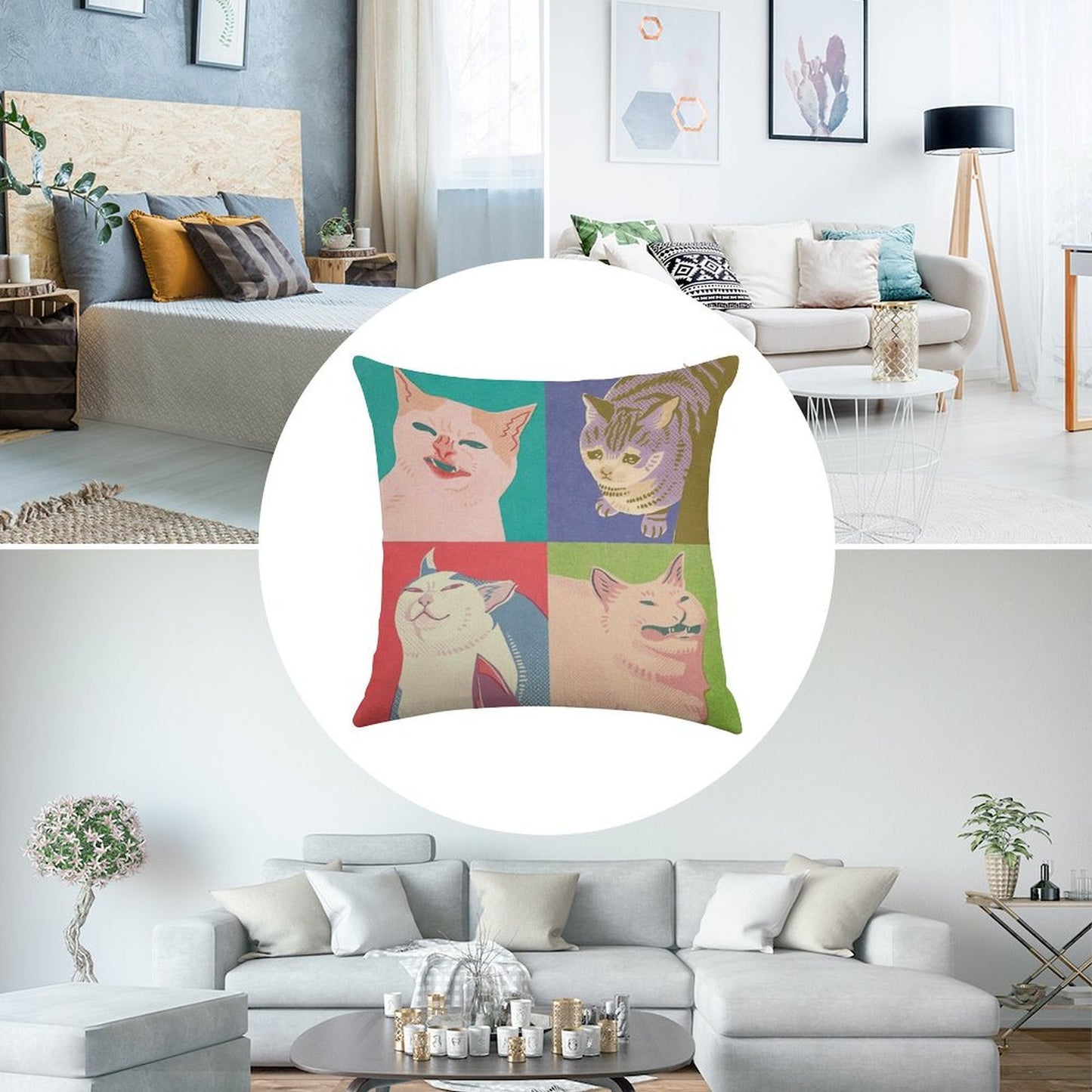 Four Meme Cats of The Apocalypse Linen Throw Pillow Cover