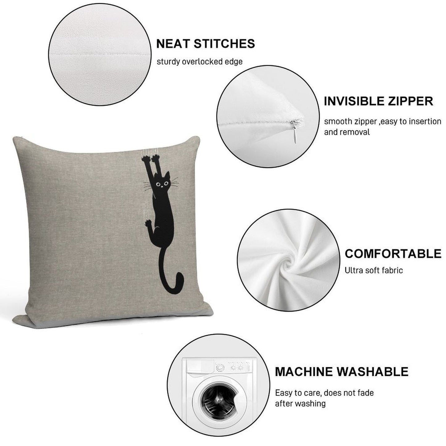 Black Cat Holding On Soft Washable Throw Pillow