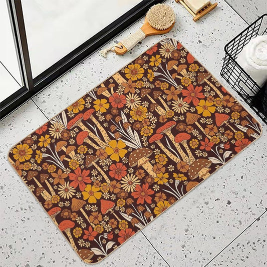 Retro 1970s Brown & Orange Mushrooms & Flowers Bath Mat