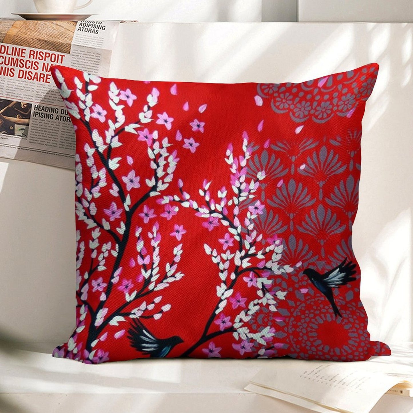 Red Cherry Blossom Linen Throw Pillow Cover