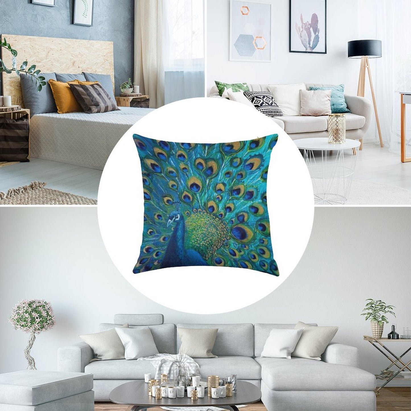 Peacock Full Glory 2 Linen Throw Pillow Cover